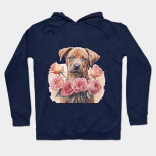 Puppy with pink rose, Valentine Hoodie